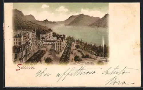 Lithographie Emmetten, Schöneck, Ortsansicht mit Springbrunnen