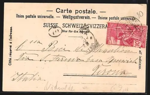 Lithographie Emmetten, Schöneck, Ortsansicht mit Springbrunnen