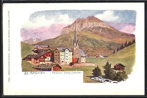 Künstler-AK St. Antönien, Pension Dönz-Lötscher mit Berglandschaft
