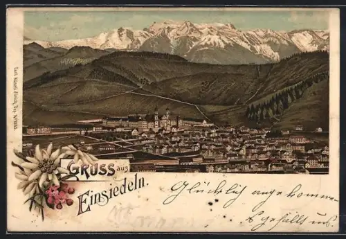 Lithographie Einsiedeln, Ortsansicht gegen die Berge