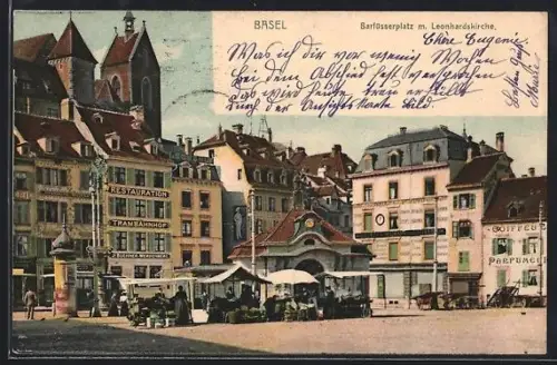 AK Basel, Restaurant Trambahnhof am Barfüsserplatz mit Leonhardskirche