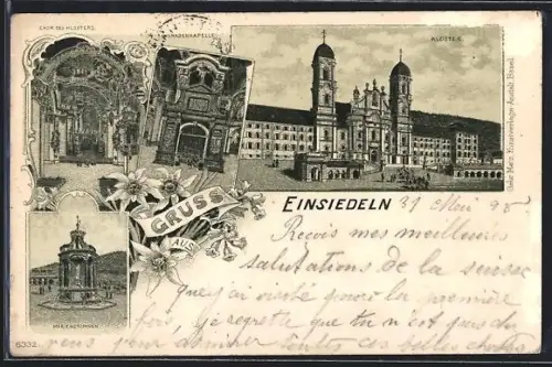 Lithographie Einsiedeln, Blick auf das Kloster mit Innenansichten, Marienbrunnen