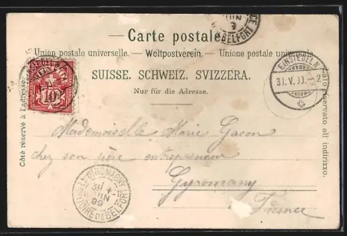 Lithographie Einsiedeln, Blick auf das Kloster mit Innenansichten, Marienbrunnen