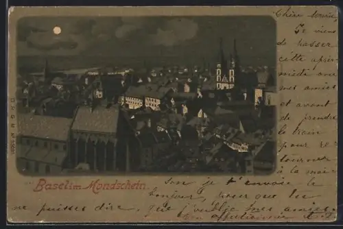 Lithographie Basel, Ortsansicht im Mondschein