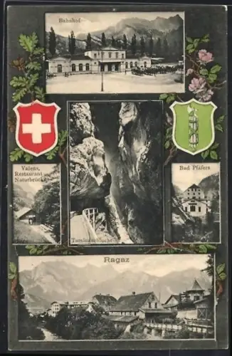 AK Ragaz, Valens Restaurant Naturbrücke, Bahnhof, Bad Pfäfers