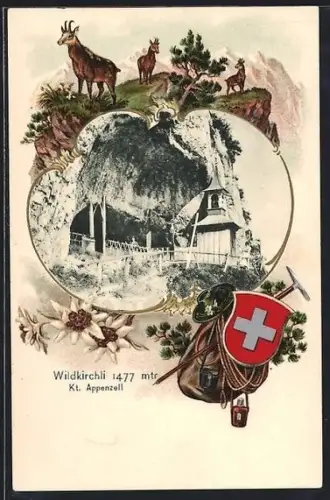 Passepartout-Lithographie Wildkirchli, Kapelle mit geprägten Wandersachen & Bergziegen