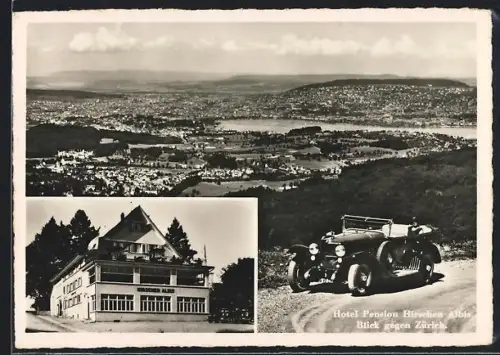 AK Langnau o. Albis, Hotel Pension Hirschen Albis, Ortsansicht mit Auto