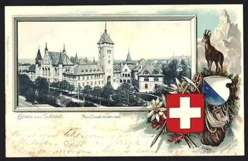 Lithographie Zürich, Teilansicht mit Landesmuseum, Wappen