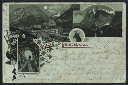 Mondschein-Lithographie Grindelwald, Bahnhof im Ort, Kirche und Wetterhorn, Gletscher Grotte