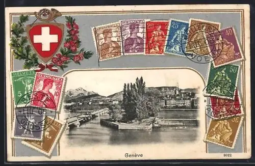 AK Genève, Ortsansicht mit Briefmarken