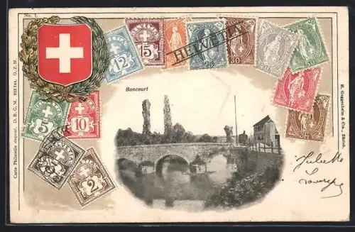 AK Boncourt, Brückenpartie im Ort, Schweizer Briefmarken