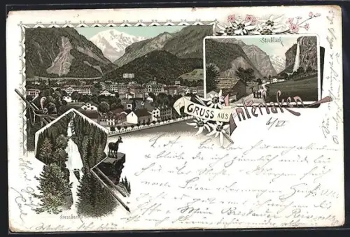 Lithographie Interlaken, Giessbach, Staubbach, Gesamtansicht