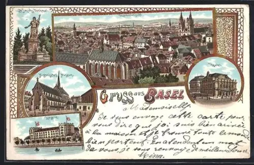 Lithographie Basel, Gesamtansicht, St. Jacobs-Denkmal, Theater und Historisches Museum