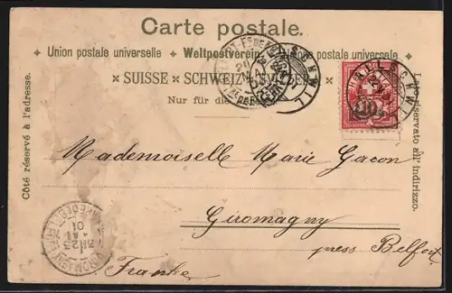 Lithographie Basel, Gesamtansicht, St. Jacobs-Denkmal, Theater und Historisches Museum