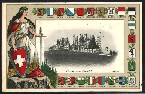 AK Bachtel, Gasthof, Wappen, Helvetia mit Wappen und Schwert