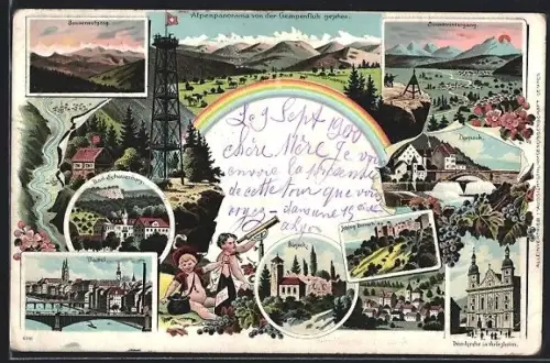 Lithographie Gempen, Alpenpanorama von der Gempenfluh gesehen, Dornach, Bad Schauenburg, Birseck