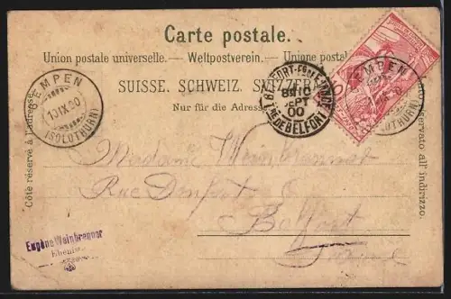 Lithographie Gempen, Alpenpanorama von der Gempenfluh gesehen, Dornach, Bad Schauenburg, Birseck