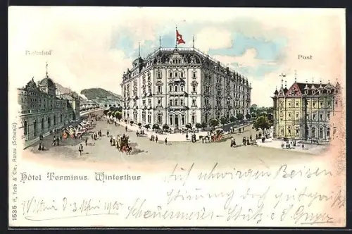 AK Winterthur, Hotel Terminus mit Bahnhof u. Post
