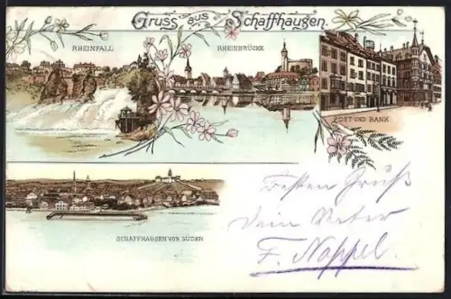 Lithographie Schaffhausen, Rheinfall, Rheinbrücke, Post und Bank