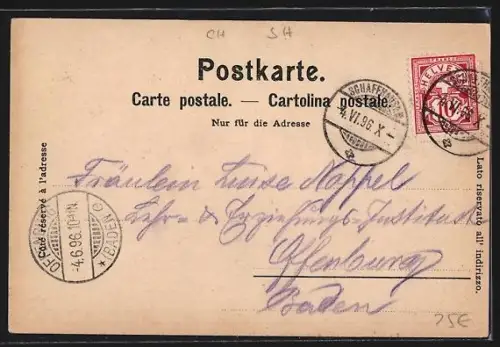 Lithographie Schaffhausen, Rheinfall, Rheinbrücke, Post und Bank