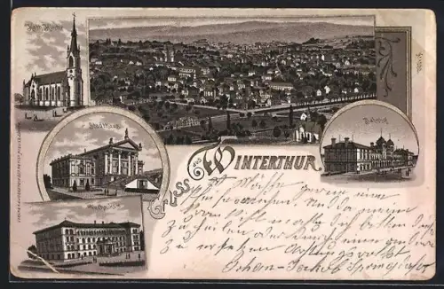 Lithographie Winterthur, Kath. Kirche, Bahnhof, Technikum, Stadthaus