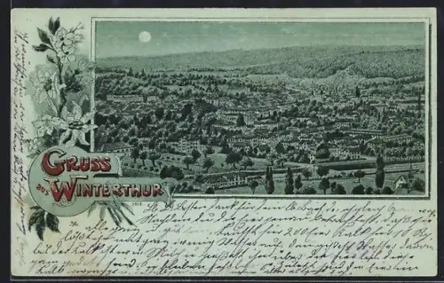 Mondschein-Lithographie Winterthur, Ortsansicht aus der Vogelschau