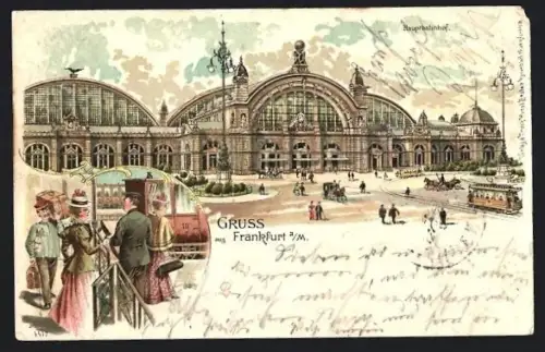 Lithographie Frankfurt, Gesellschaft am Hauptbahnhof, Strassenbahn