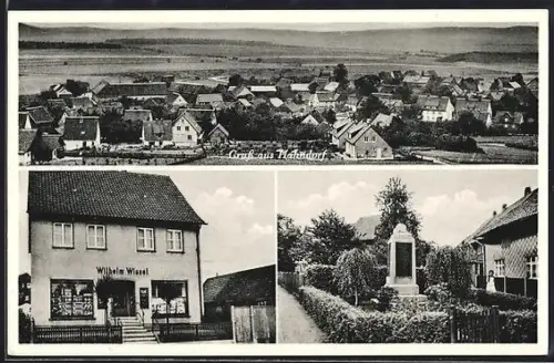 AK Hahndorf, Gemischtwaren Wilhelm Wissel, Kriegerdenkmal, Ortsansicht