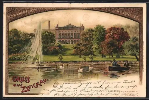 Lithographie Zwickau, Schwanenteich mit Schloss, Bootspartie, Torbogen