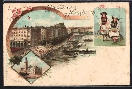Lithographie Hamburg-Neustadt, Rathaus, Jungfernstieg