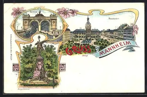 Lithographie Mannheim, Rheinbrücke, Paradeplatz, Kriegerdenkmal