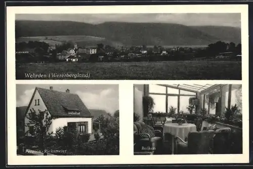 AK Wehrden /Weserbergland, Pension Rieksmeier mit Balkon, Ortspanorama