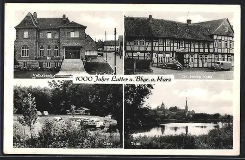 AK Lutter a. Bbge., Gaststätte Deutsches Haus und Waldoase A. Dieck, Volksbank, Teich, Ortsjubiläum 1000 Jahre
