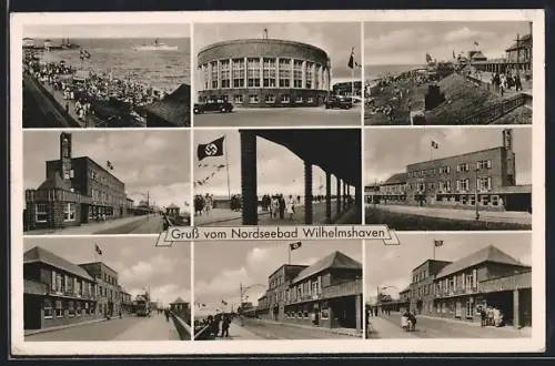 AK Wilhelmshaven, Strand und Gebäude mit n, Rundbau, Promenade