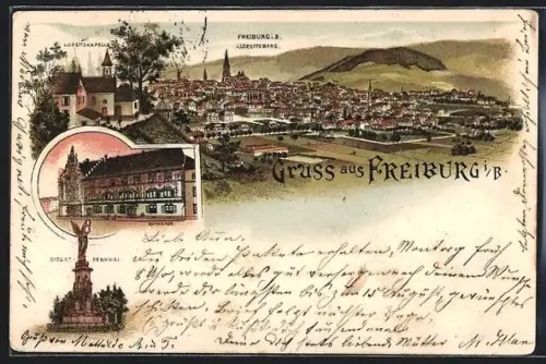 Lithographie Freiburg i. B., Lorettokapelle, Rathaus, Siegerdenkmal, Gesamtansicht m. Lorettoberg