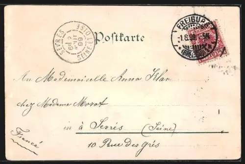 Lithographie Freiburg i. B., Lorettokapelle, Rathaus, Siegerdenkmal, Gesamtansicht m. Lorettoberg