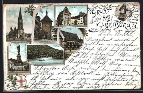 Lithographie Freiburg / Breisgau, Münster, Sieges-Denkmal, Kaufhaus, Alte Universität