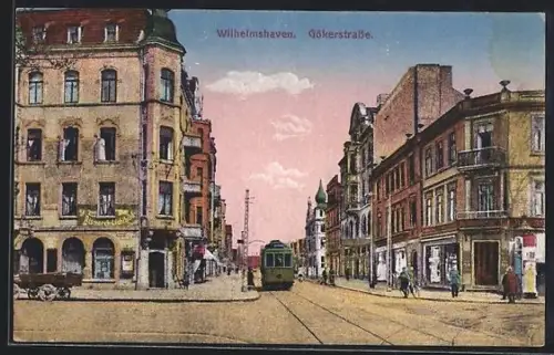 AK Wilhelmshaven, Gökerstrasse mit Strassenbahn, Bismarck-Lichtbild, Litfasssäule
