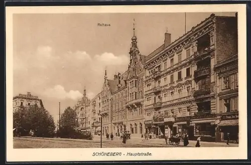 AK Berlin-Schöneberg, Hauptstrasse mit Geschäften und Rathaus