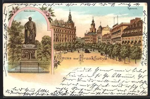 Lithographie Frankfurt /Main, Rossmarkt mit Kutsche, Goethe-Denkmal