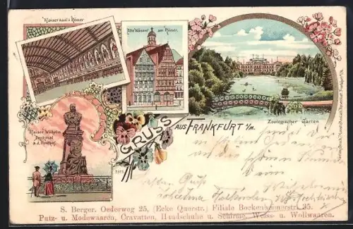 Lithographie Frankfurt a. M., Kaisersaal im Römer, Zoologischer Garten, Reklame Modewaren S. Berger, Bockenheimerstrasse