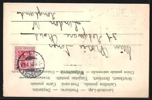 Lithographie Wiesbaden, Kgl. Theater und Rahmen mit weinbewachsenem Torbogen