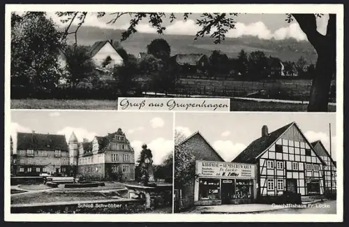 AK Grupenhagen, Geschäftshaus Fr. Lücke, Schloss Schwöbber, Ortspartie
