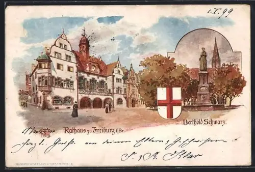 Künstler-AK Ludwig Zorn: Freiburg / Breisgau, Rathaus, Denkmal Berthold Schwarz & Wappen