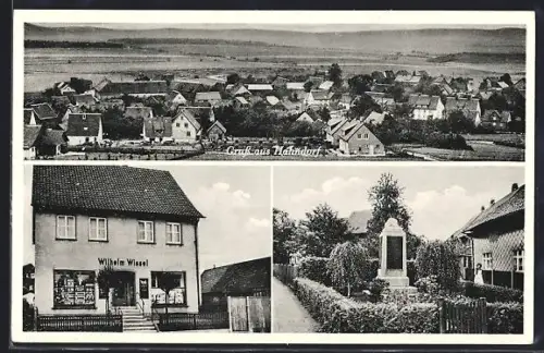 AK Hahndorf, Gemischtwaren Wilhelm Wissel, Kriegerdenkmal, Ortsansicht