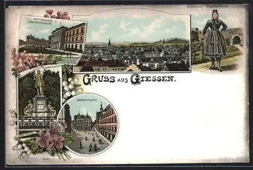 Lithographie Giessen, Universität und Laboratorium, Marktplatz, Hessische Volkstracht