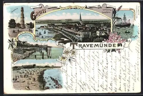 Lithographie Travemünde, Strandpartie, Leuchtturm, Totalansicht