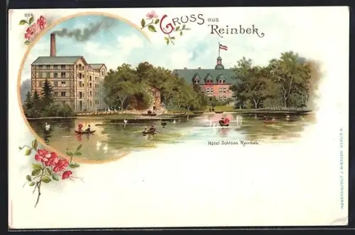 Lithographie Reinbek, Hotel Schloss Reinbek vom Teich gesehen