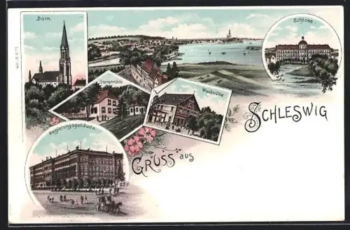 Lithographie Schleswig, Stampfmühle, Waldmühle, Regierungsgebäude