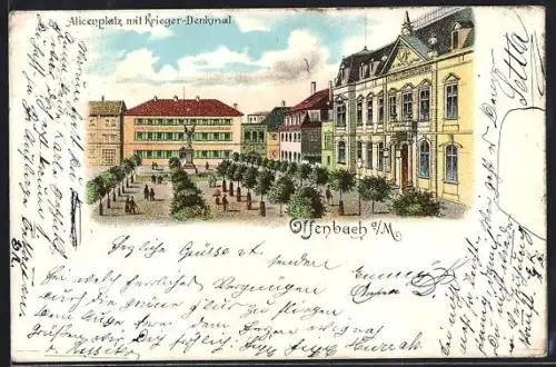 Lithographie Offenbach a. M., Alicenplatz mit Krieger-Denkmal